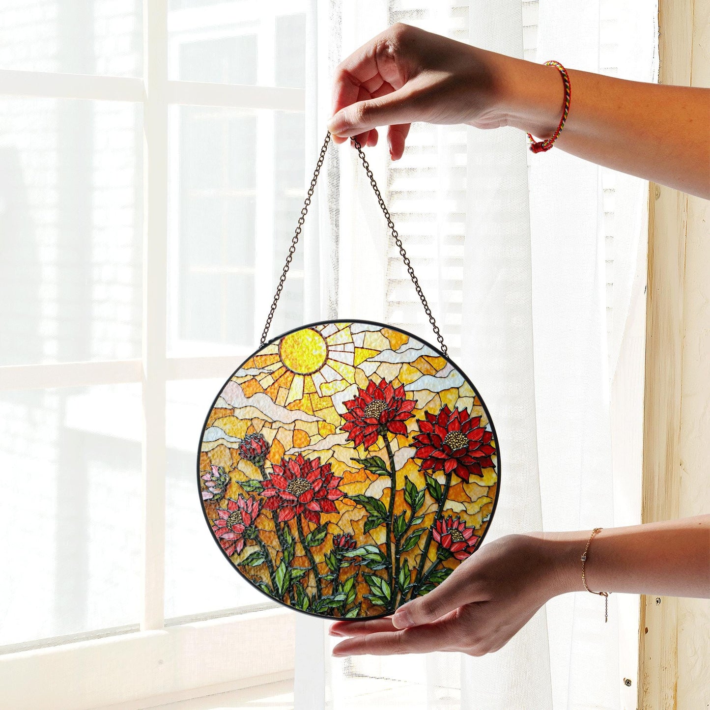 Red wildflower stained glass window sun catcher floral garden art gift for mothers day birthday or nature lover