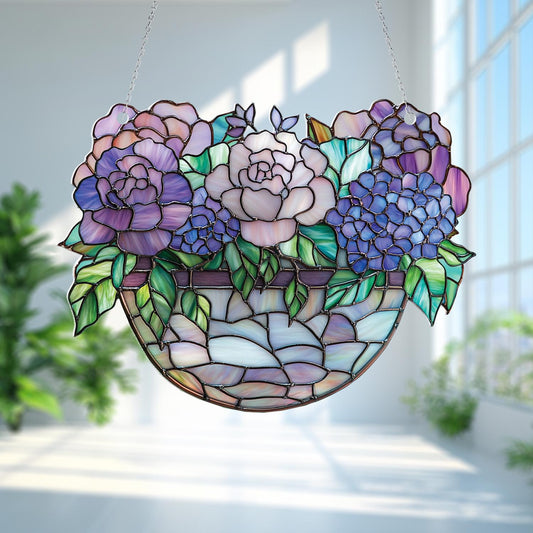 Floral Basket Window Hanging, Pastel Flower Window Decor, Spring Garden Room Accent, Cottagecore Floral Art, Gift for Flower Lovers
