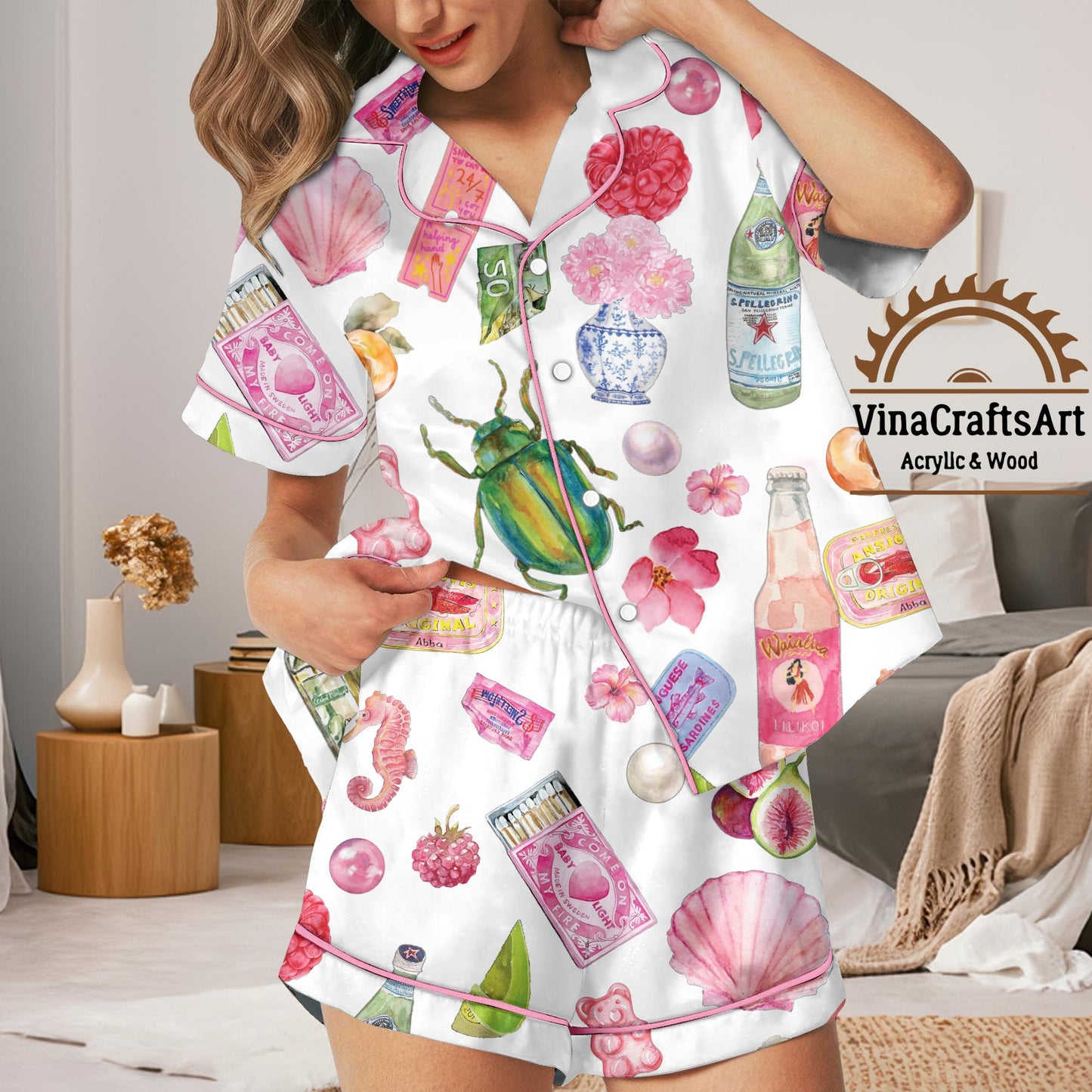 Whimsical Watercolor Groceries Pajama Set | Women’s Cute Food Print PJs | Fun Eclectic Sleepwear with Fruits, Olive Oil & Trinkets