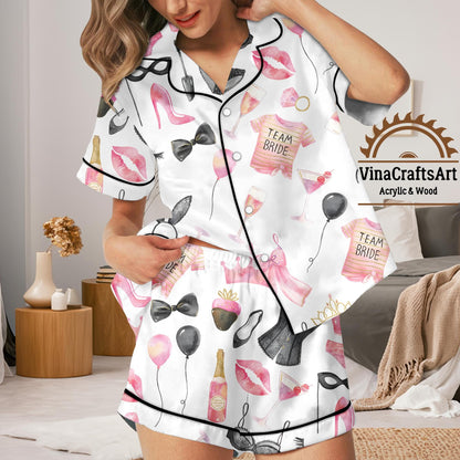 Team Bride Bachelorette Pajamas Set | Women’s Bridal Party PJs | Cute Pink & Black Lingerie Sleepwear | Hen Party Bridesmaid Gift