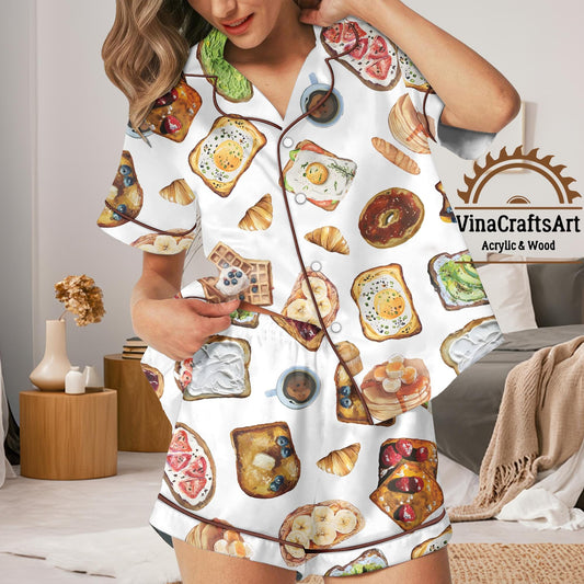 Breakfast Toast Pajama Set | Women’s Cute Jam & Avocado Print PJs | Cozy Foodie Sleepwear with Waffles Croissants | Brunch Gift