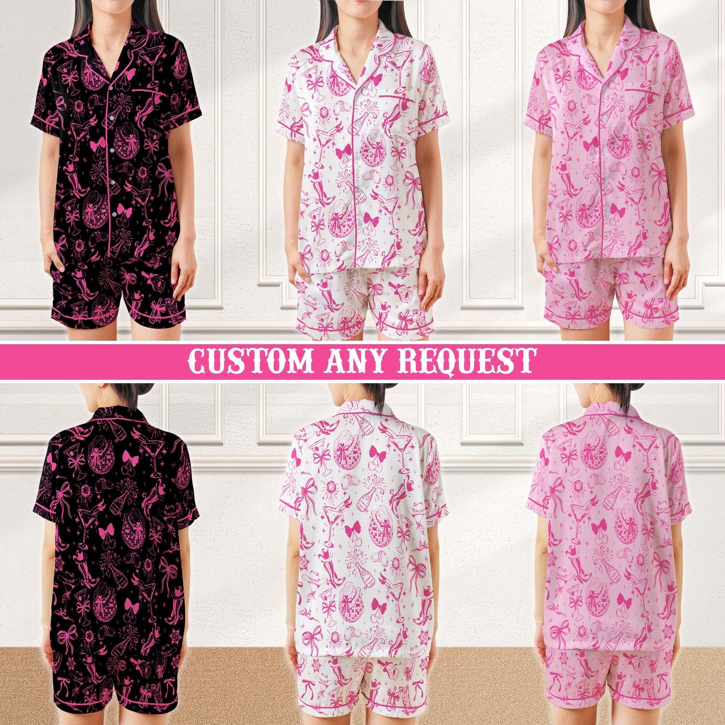 Disco Cowgirl Bachelorette Pajama Set, Coquette Pink Bow Satin Sleepwear, Cowgirl Martini Pajamas, Western Bridal Party PJs, Girly Pajamas