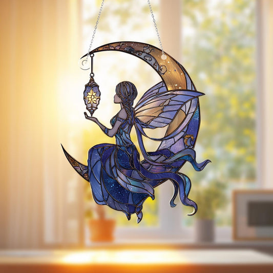 Moon Fairy Window Hanging with Lantern – Dreamy Night Sky Decor for Fantasy Lovers, Whimsical Celestial Art for Home or Gift Giving