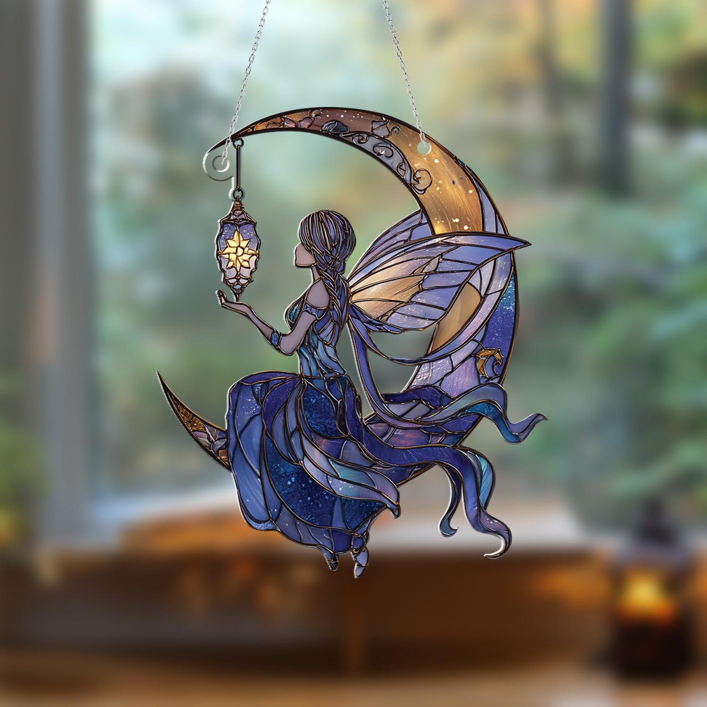 Moon Fairy Window Hanging with Lantern – Dreamy Night Sky Decor for Fantasy Lovers, Whimsical Celestial Art for Home or Gift Giving