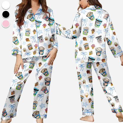 Ben&Jerry Bow Pajamas Set, Ben Jerry Ice Cream Sleepwear, Ice Cream Lovers Loungewear, Gift For Her, Premium Satin Pajamas