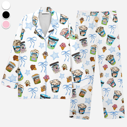 Ben&Jerry Bow Pajamas Set, Ben Jerry Ice Cream Sleepwear, Ice Cream Lovers Loungewear, Gift For Her, Premium Satin Pajamas