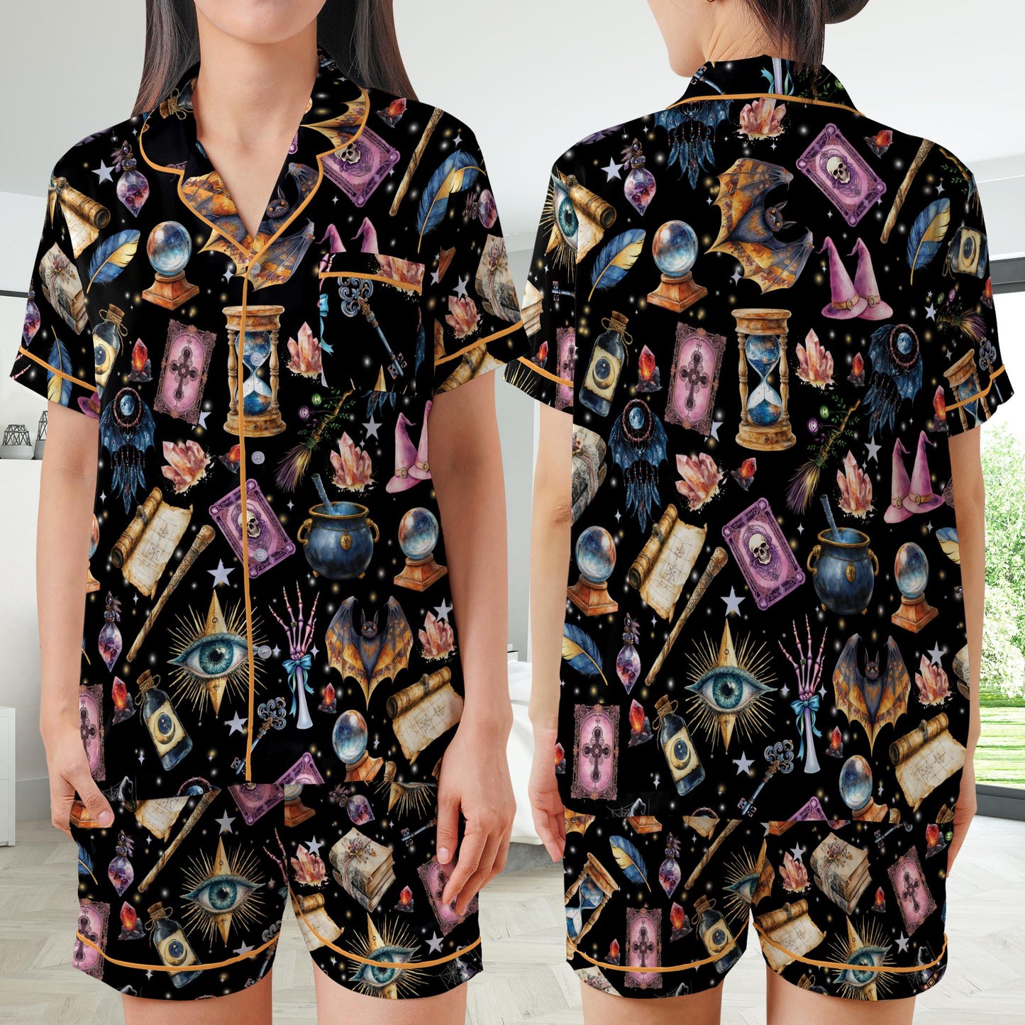 Witchy Halloween Satin Pajamas Set, Spooky Season Short Long Sleeve Pajama Set, Trick Or Treat Sleepwear, Witch Lover Pajamas Set