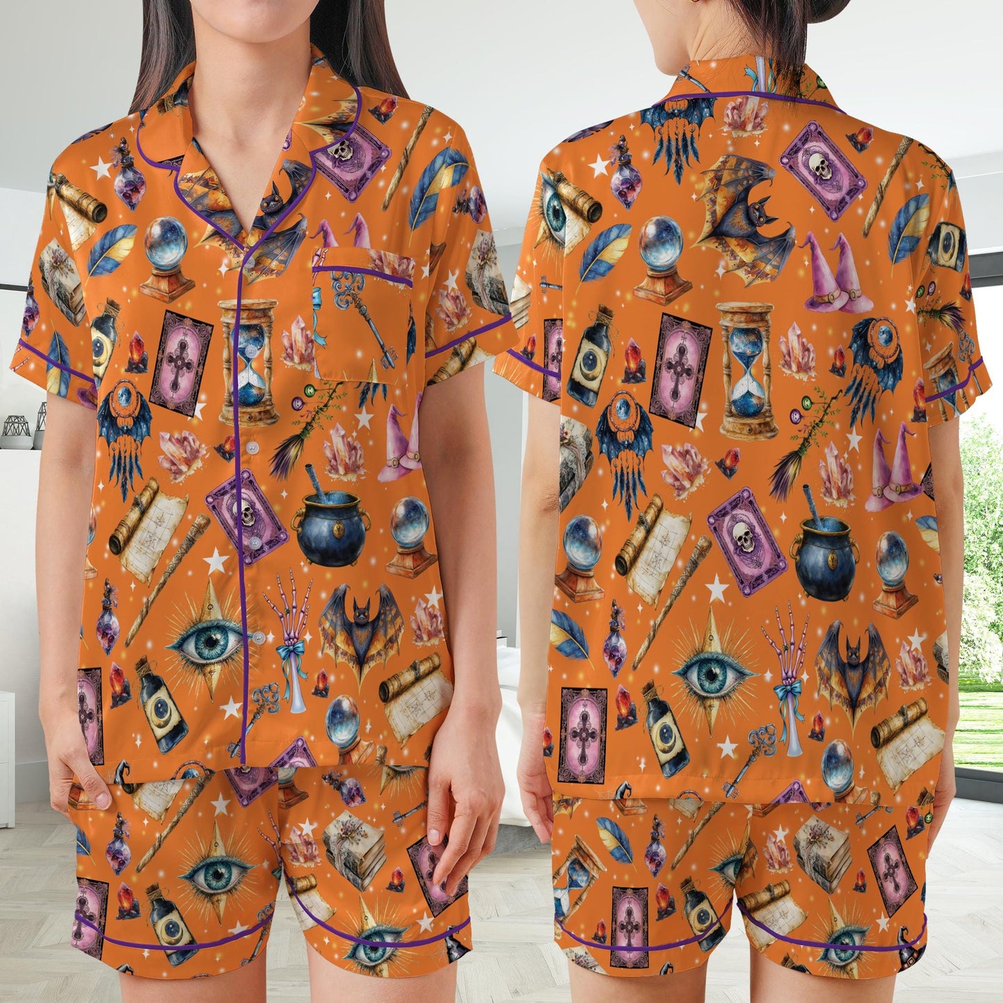 Witchy Halloween Satin Pajamas Set, Spooky Season Short Long Sleeve Pajama Set, Trick Or Treat Sleepwear, Witch Lover Pajamas Set