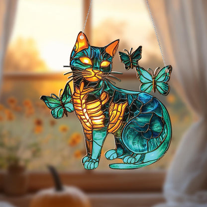 Cat with Butterflies Window Hanging, Whimsical Cat Window Decor, Butterfly Cat Art, Cute Animal Home Accent, Gift for Cat Lovers
