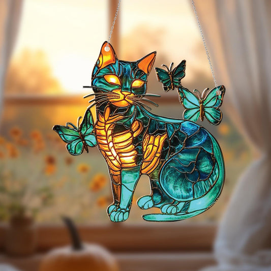 Cat with Butterflies Window Hanging, Whimsical Cat Window Decor, Butterfly Cat Art, Cute Animal Home Accent, Gift for Cat Lovers