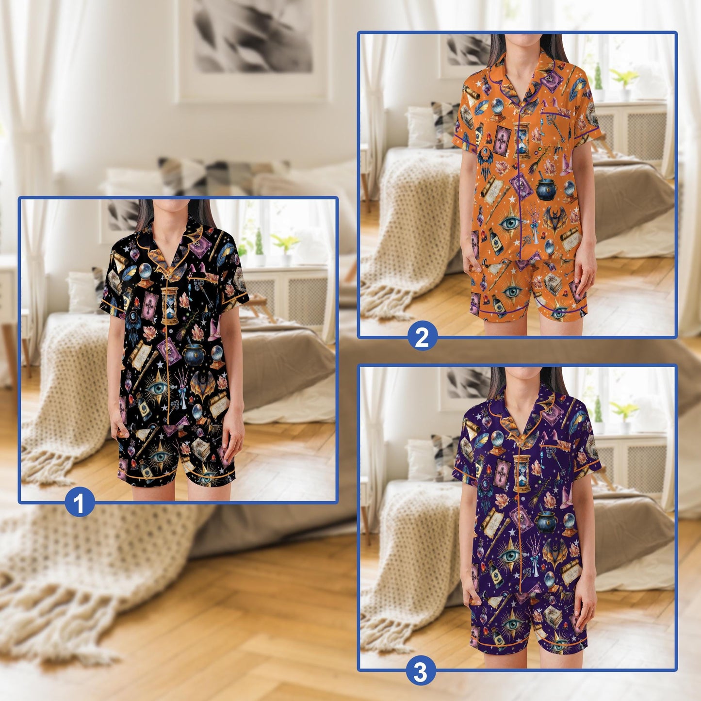 Witchy Magic Satin Pajama Set, Mystical Celestial Pajama Set, Gothic Halloween Sleepwear, Spooky Season Pajamas, Trick Or Treat Nightwear