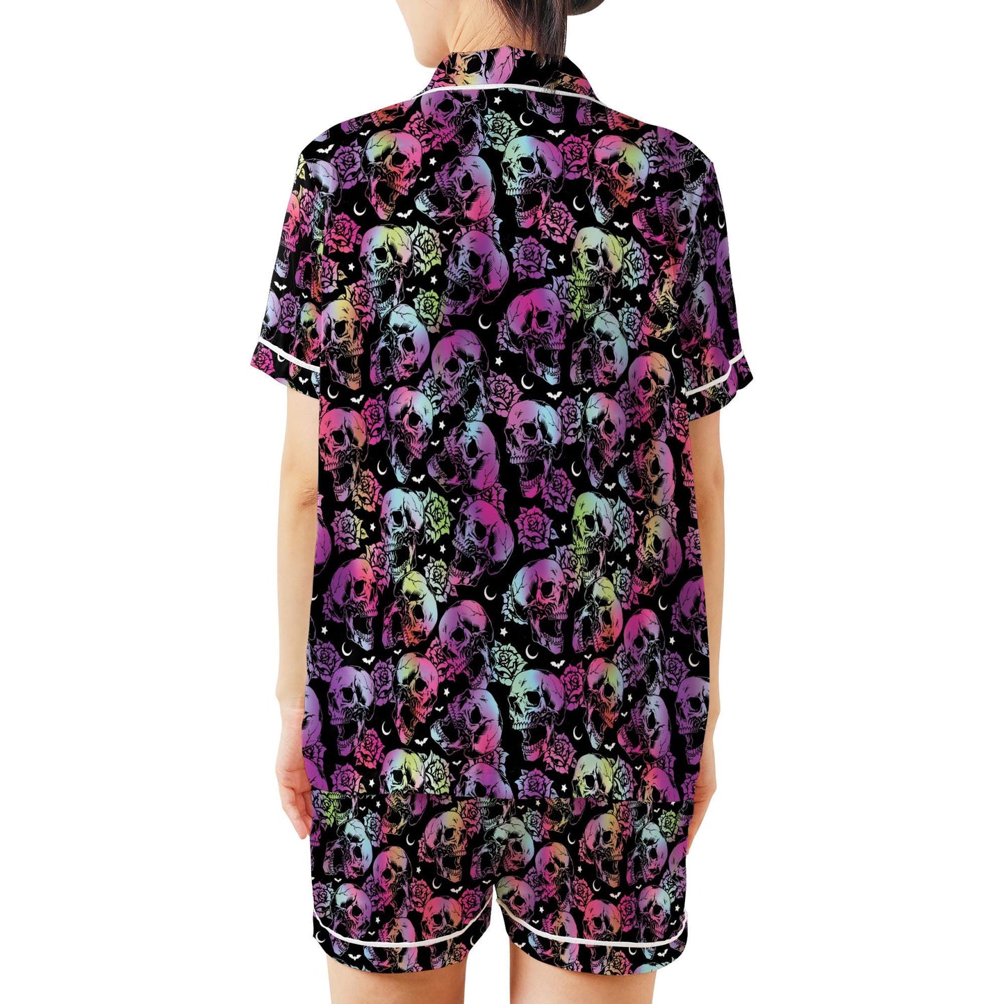 Gradient Skull Halloween Satin Pajamas Set, Spooky Season Pajama Set, Trick Or Treat Sleepwear, Skeleton Halloween Pajamas Set