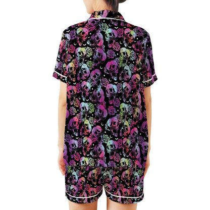 Gradient Skull Halloween Satin Pajamas Set, Spooky Season Pajama Set, Trick Or Treat Sleepwear, Skeleton Halloween Pajamas Set