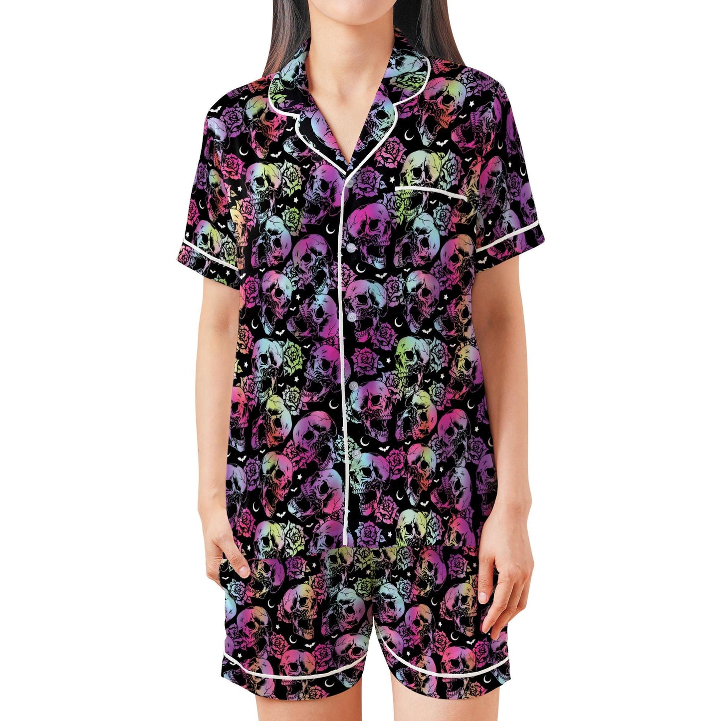 Gradient Skull Halloween Satin Pajamas Set, Spooky Season Pajama Set, Trick Or Treat Sleepwear, Skeleton Halloween Pajamas Set