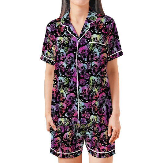 Gradient Skull Halloween Satin Pajamas Set, Spooky Season Pajama Set, Trick Or Treat Sleepwear, Skeleton Halloween Pajamas Set
