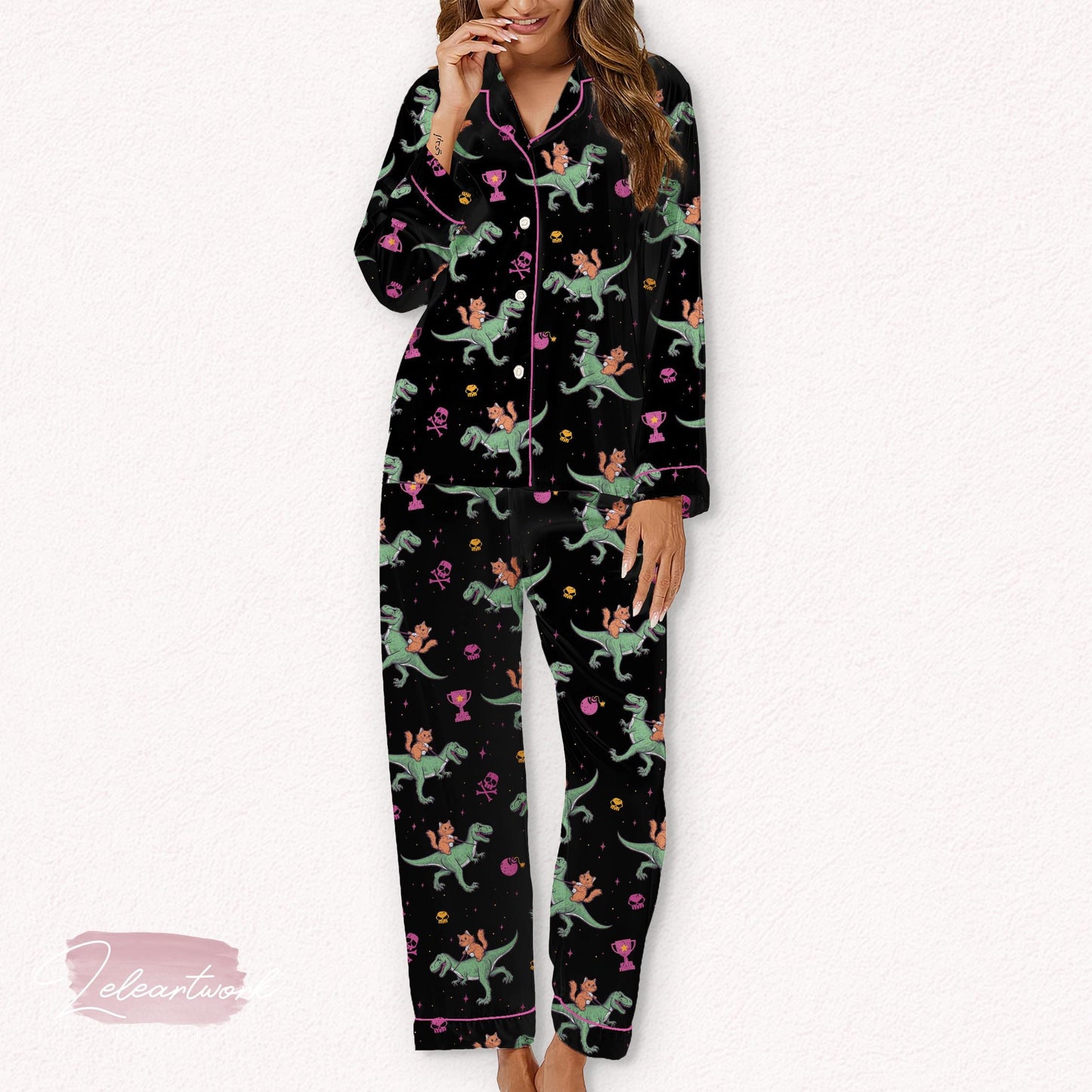 Princess Donut And Mongo Set – Funny Dino Rider Pajamas with Cats, Crowns And Donuts | Whimsical Loungewear for Cozy Sleep And Gift-Giving