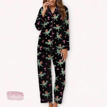 Princess Donut And Mongo Set – Funny Dino Rider Pajamas with Cats, Crowns And Donuts | Whimsical Loungewear for Cozy Sleep And Gift-Giving