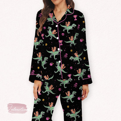 Princess Donut And Mongo Set – Funny Dino Rider Pajamas with Cats, Crowns And Donuts | Whimsical Loungewear for Cozy Sleep And Gift-Giving