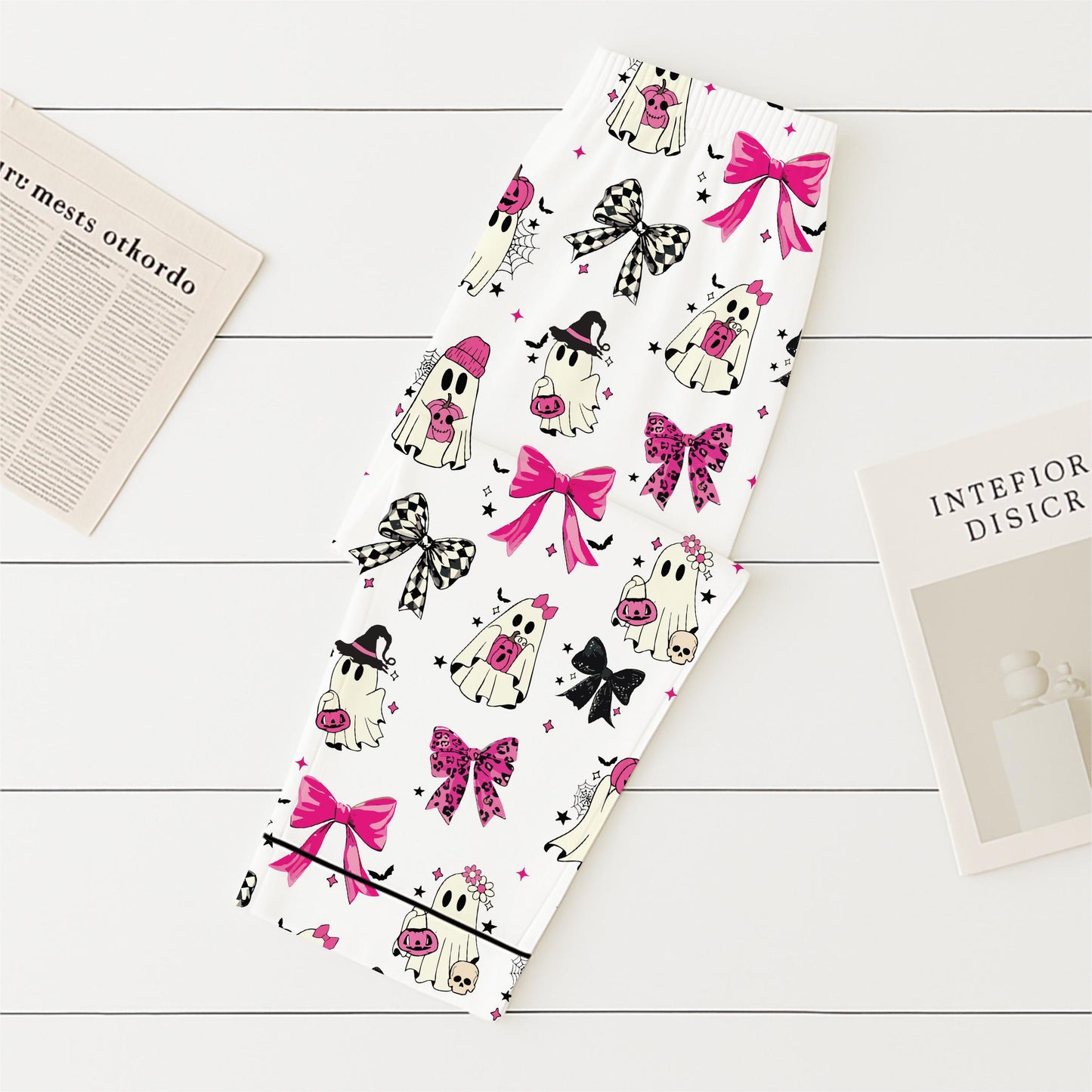 Halloween Pink Ghost And Bow Pajamas Set, Halloween Ghost Sleepwear, Fall Loungewear, Cozy Homewear, Spooky Season Gift, Halloween Gift