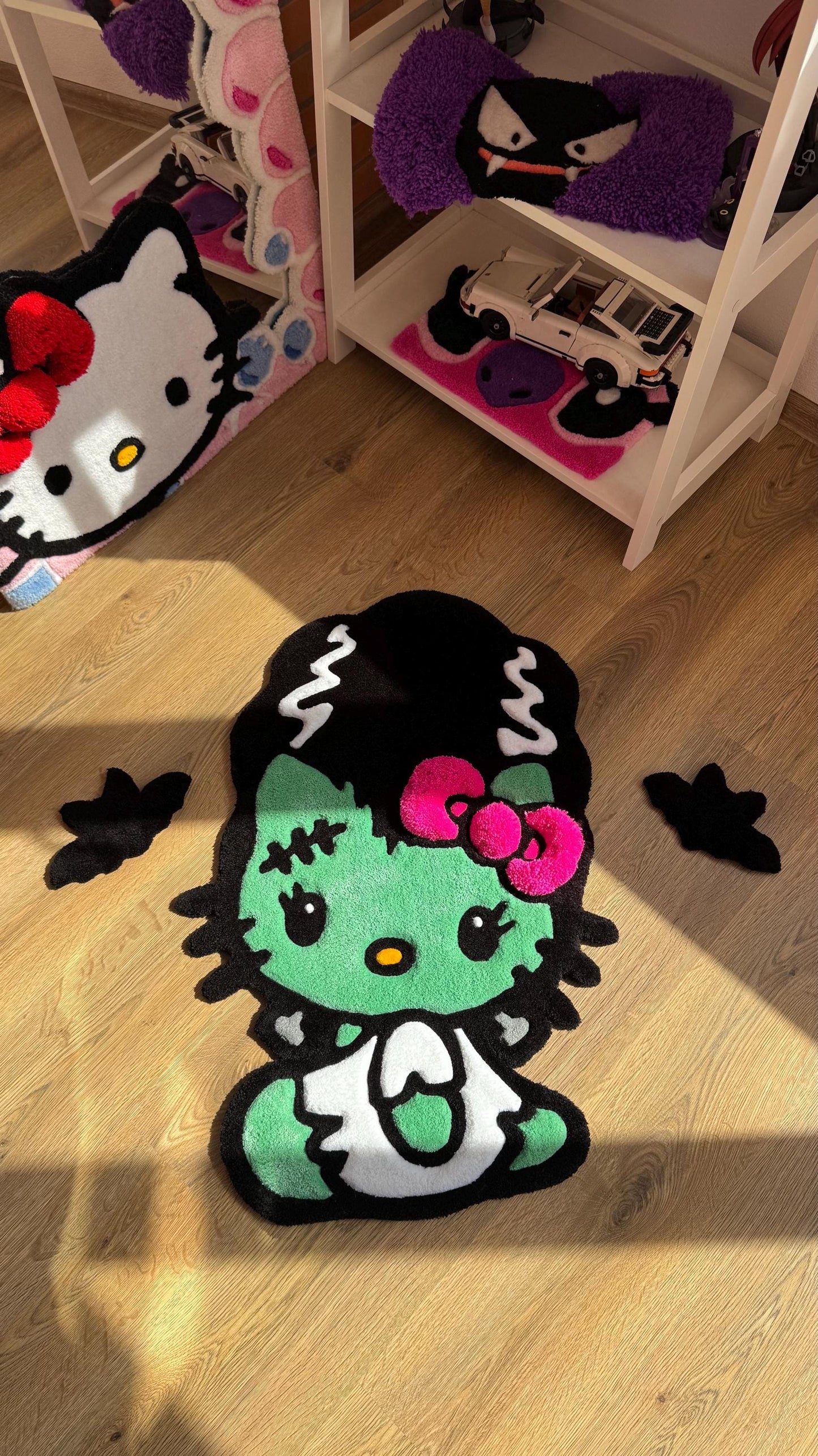 Frankenstein Kitty Halloween Rug – Custom Tufted Spooky Cute Carpet, Fluffy Kawaii Monster Decor for Anime Fans and Halloween Lovers