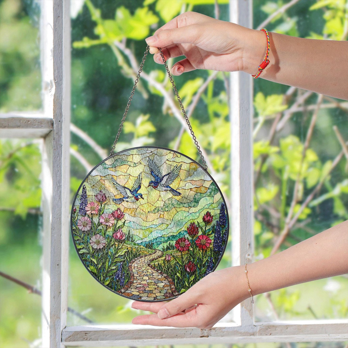Bluebirds flying over flower path stained glass suncatcher window decor gift for mother birthday