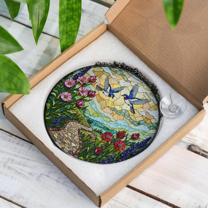 Bluebirds flying over flower path stained glass suncatcher window decor gift for mother birthday