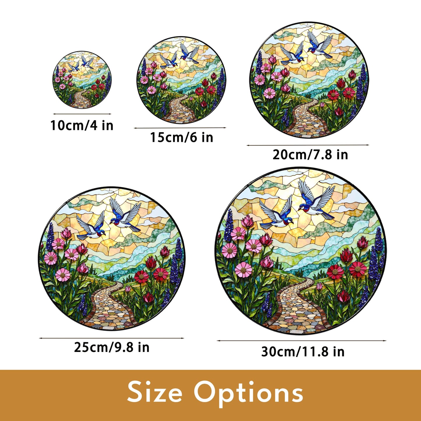 Bluebirds flying over flower path stained glass suncatcher window decor gift for mother birthday