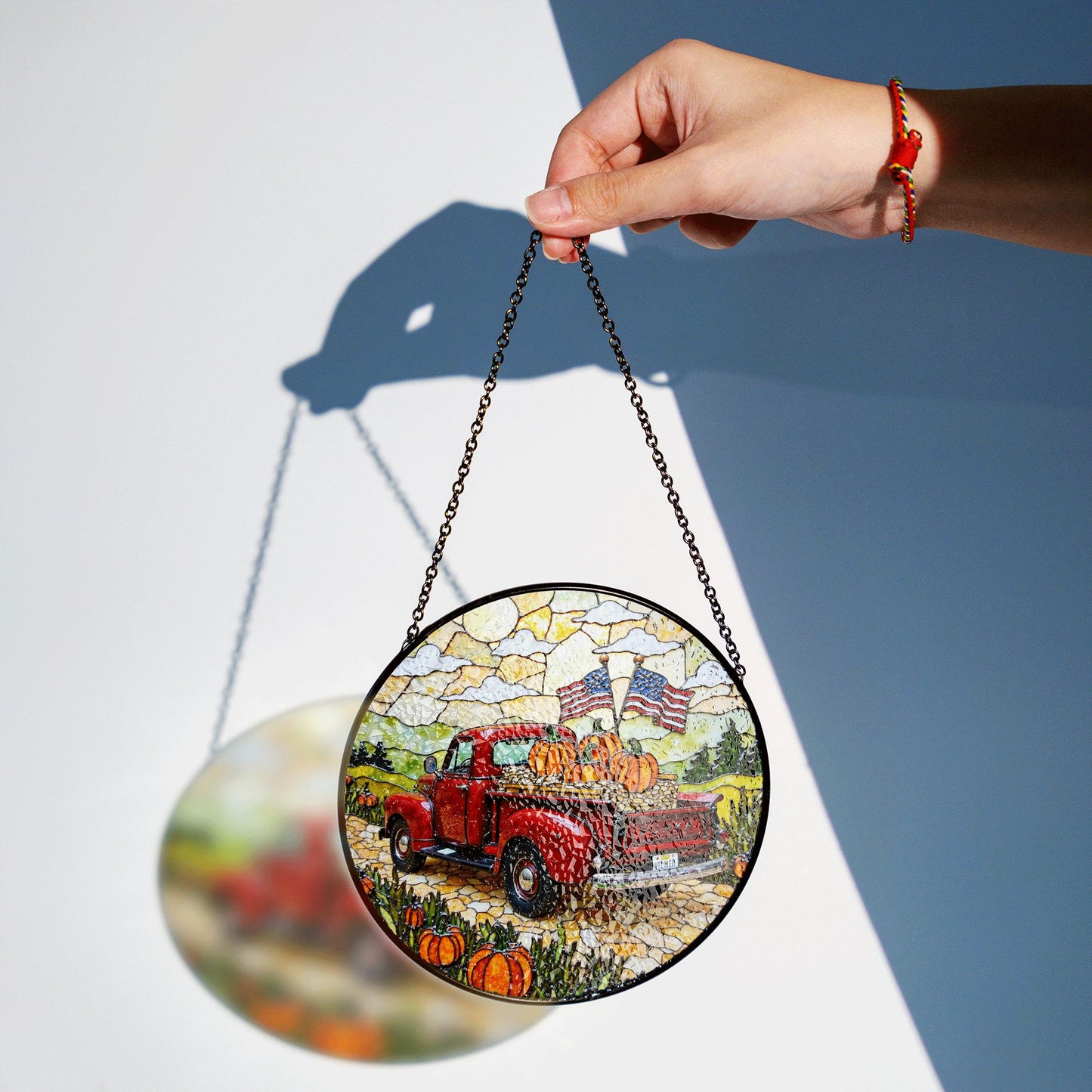 Red vintage truck with pumpkins and flags fall suncatcher window hanging patriotic Thanksgiving gift