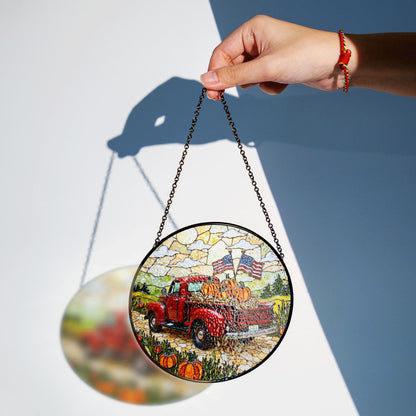 Red vintage truck with pumpkins and flags fall suncatcher window hanging patriotic Thanksgiving gift