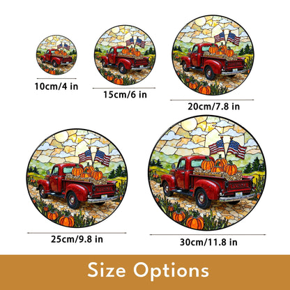 Red vintage truck with pumpkins and flags fall suncatcher window hanging patriotic Thanksgiving gift