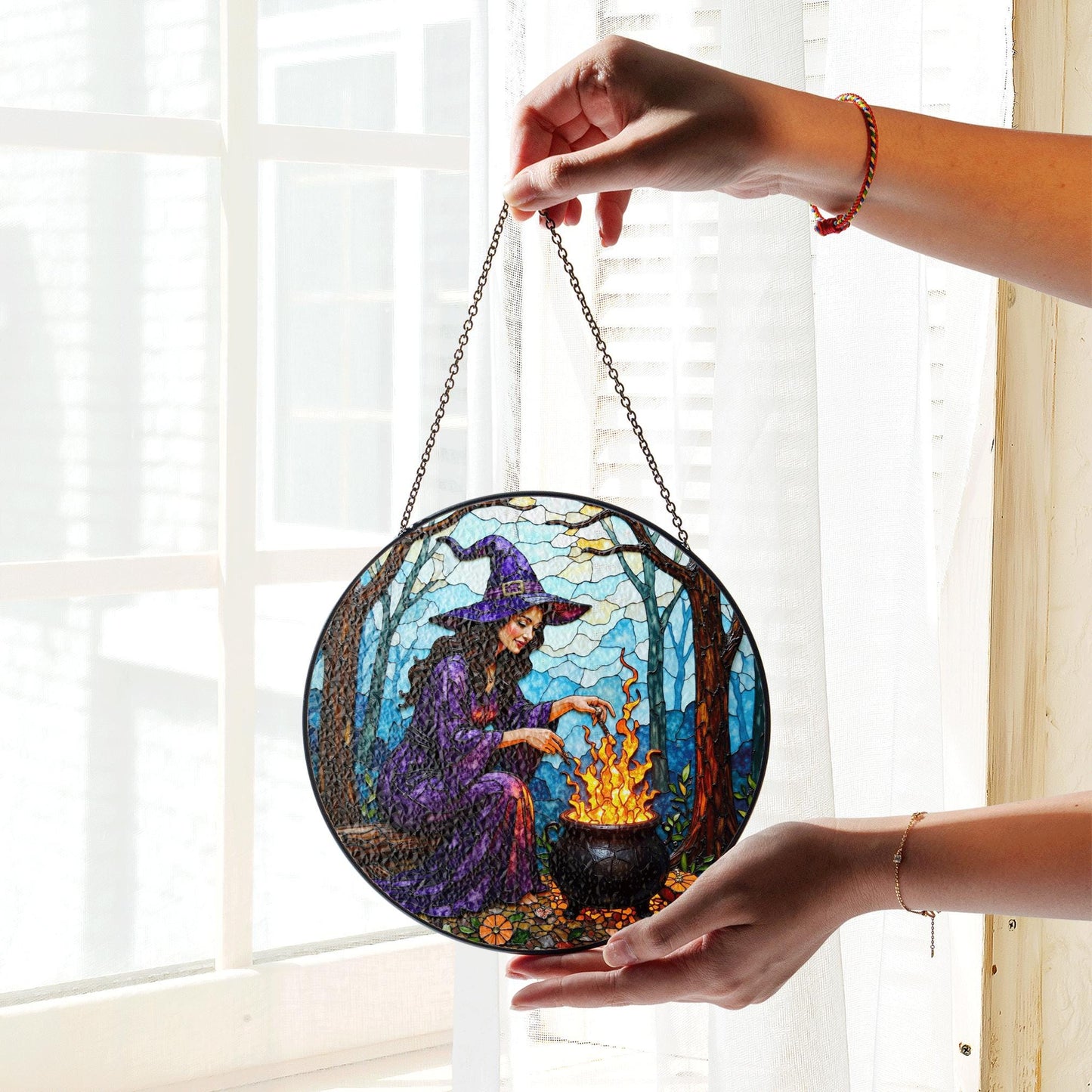 Witch by Cauldron Purple Dress Halloween Suncatcher Window Hanging Gift for Spooky Season Lovers