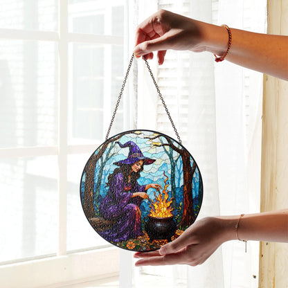Witch by Cauldron Purple Dress Halloween Suncatcher Window Hanging Gift for Spooky Season Lovers