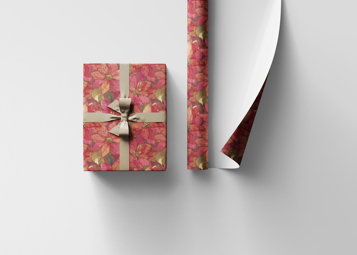 Elegant Poinsettia Wrapping Paper Roll, Christmas Gift Wrap with Watercolor Flowers and Festive Details #5