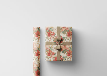 Premium Christmas Wrapping Paper Roll with Watercolor Poinsettias, Elegant Floral Gift Wrap Design #12