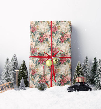 Poinsettia Christmas Gift Wrap Roll, Elegant Watercolor Floral Design for Holiday Wrapping #14