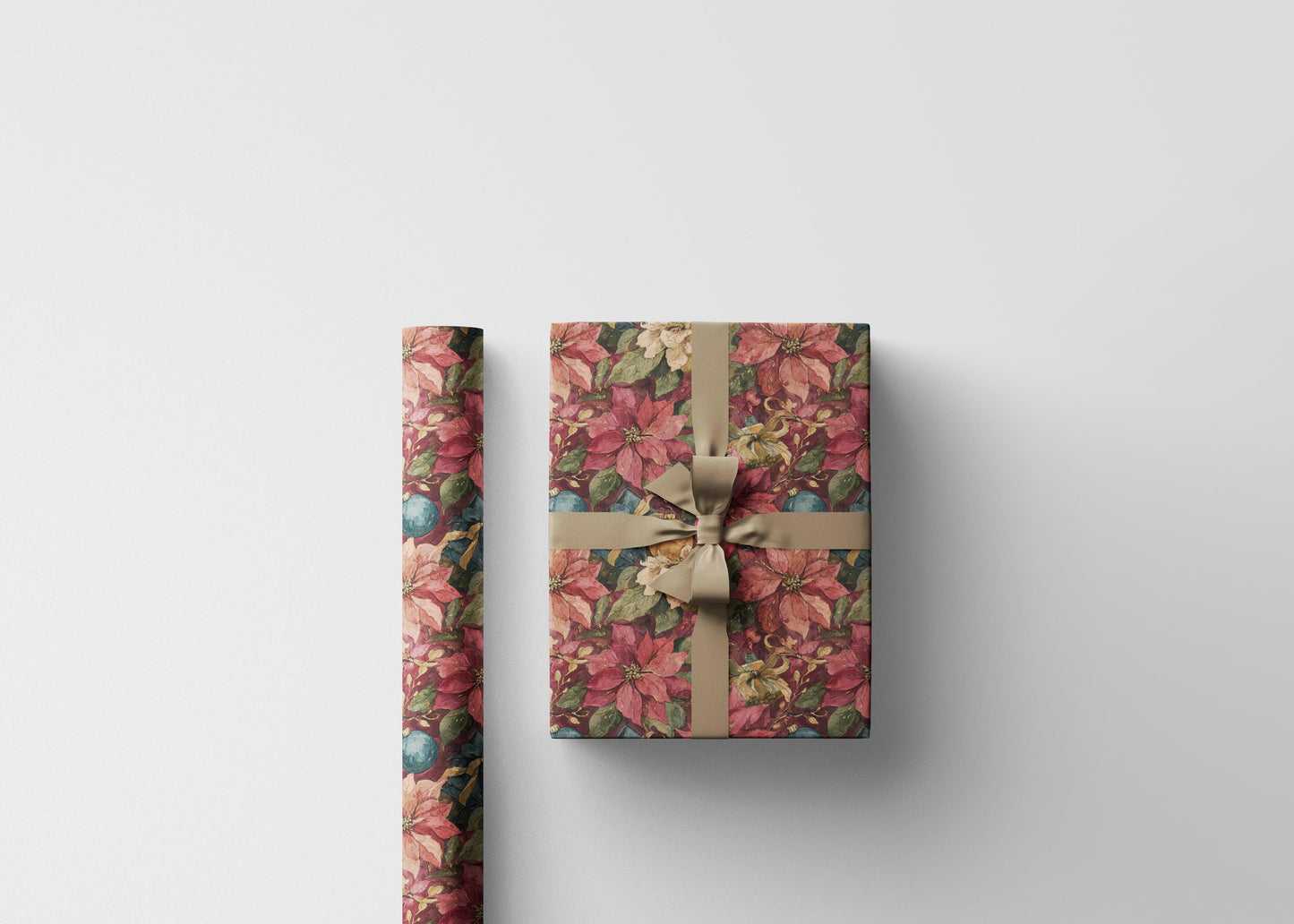 Watercolor Floral Christmas Wrapping Paper Roll, Poinsettia Gift Wrap for Winter Weddings or Holidays #11