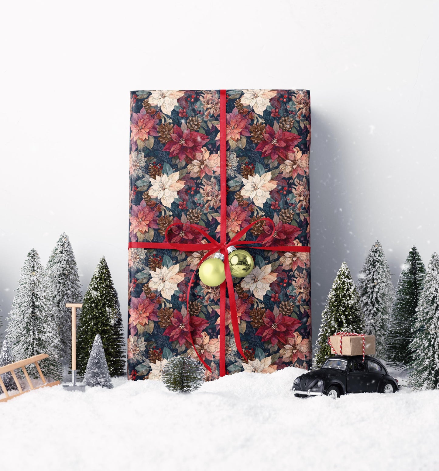 Holiday Wrapping Paper Roll, Watercolor Poinsettia Floral Design for Christmas and Seasonal Gift Wrap #10