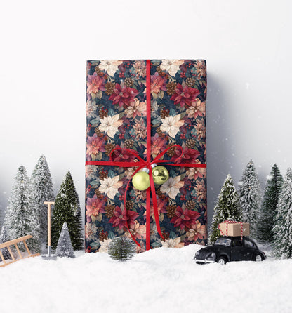 Holiday Wrapping Paper Roll, Watercolor Poinsettia Floral Design for Christmas and Seasonal Gift Wrap #10