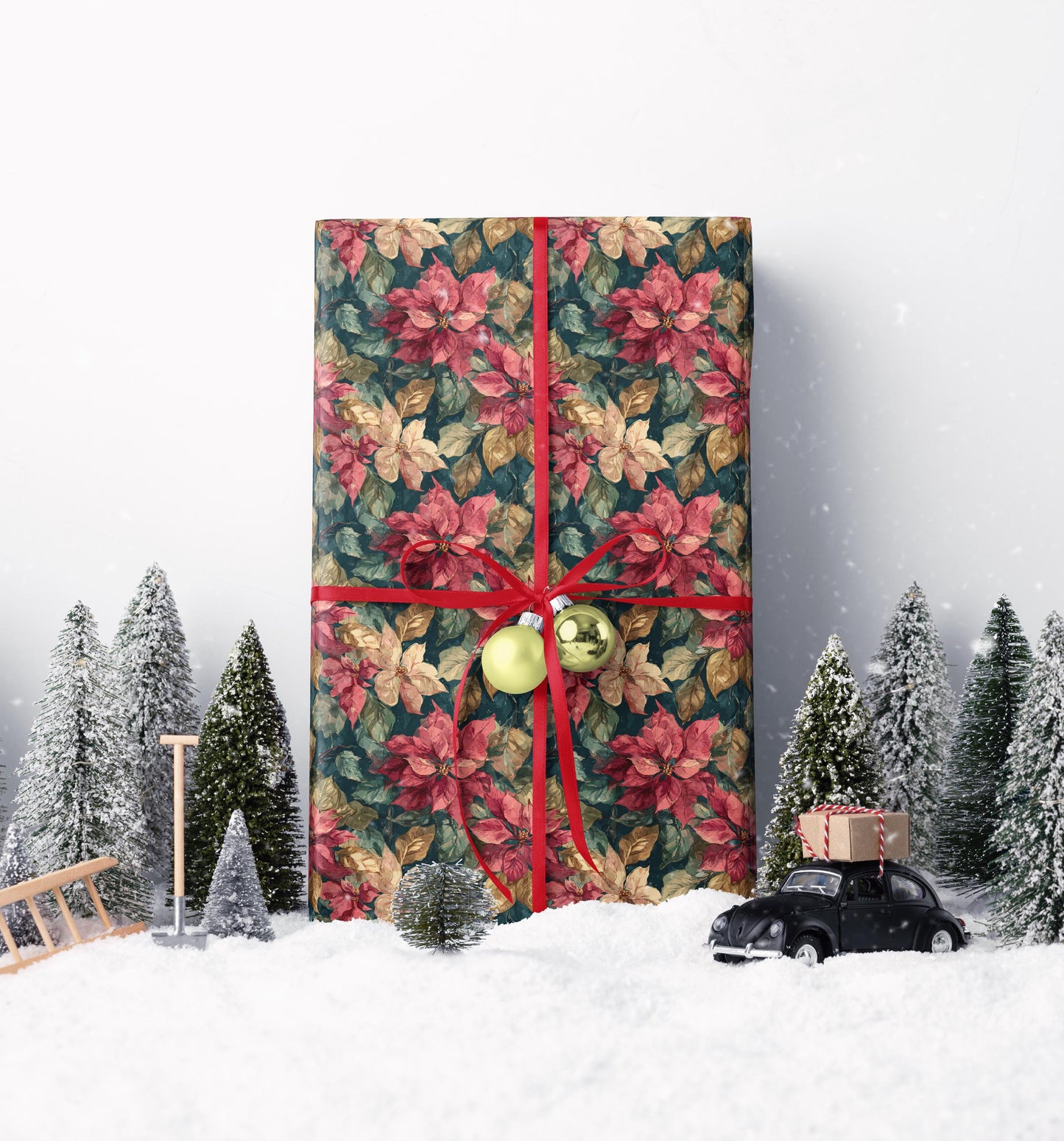 Watercolor Poinsettia Christmas Wrapping Paper Roll, Elegant Red Floral Gift Wrap for Holiday Packaging #3