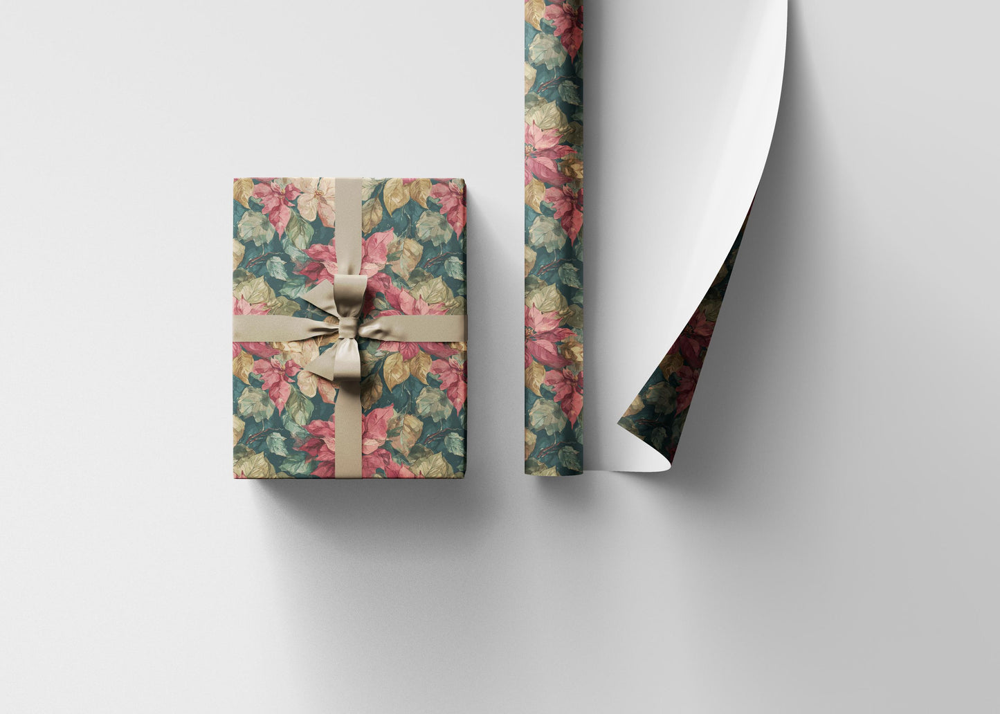 Watercolor Poinsettia Christmas Wrapping Paper Roll, Elegant Red Floral Gift Wrap for Holiday Packaging #3