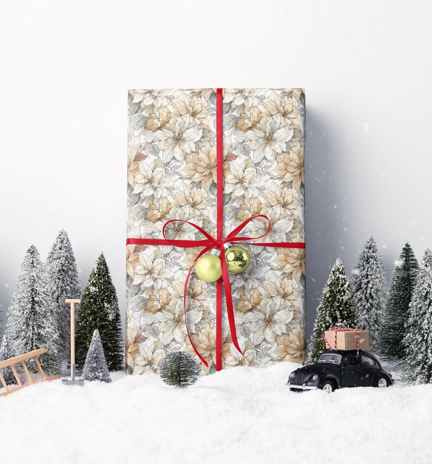 Premium Watercolor Wrapping Paper Roll with Christmas Poinsettias and Winter Floral Pattern #23