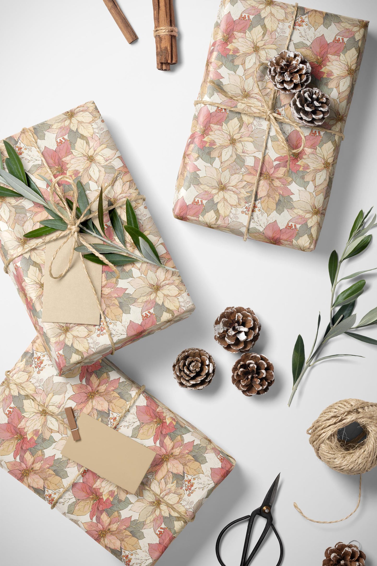 Christmas Poinsettia Wrapping Paper Roll, Elegant Watercolor Gift Wrap for Winter Holiday Gifts #21