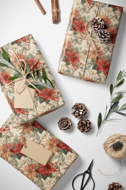 Winter Botanical Wrapping Paper Roll, Watercolor Poinsettia Christmas Design for Seasonal Gift Wrap #15
