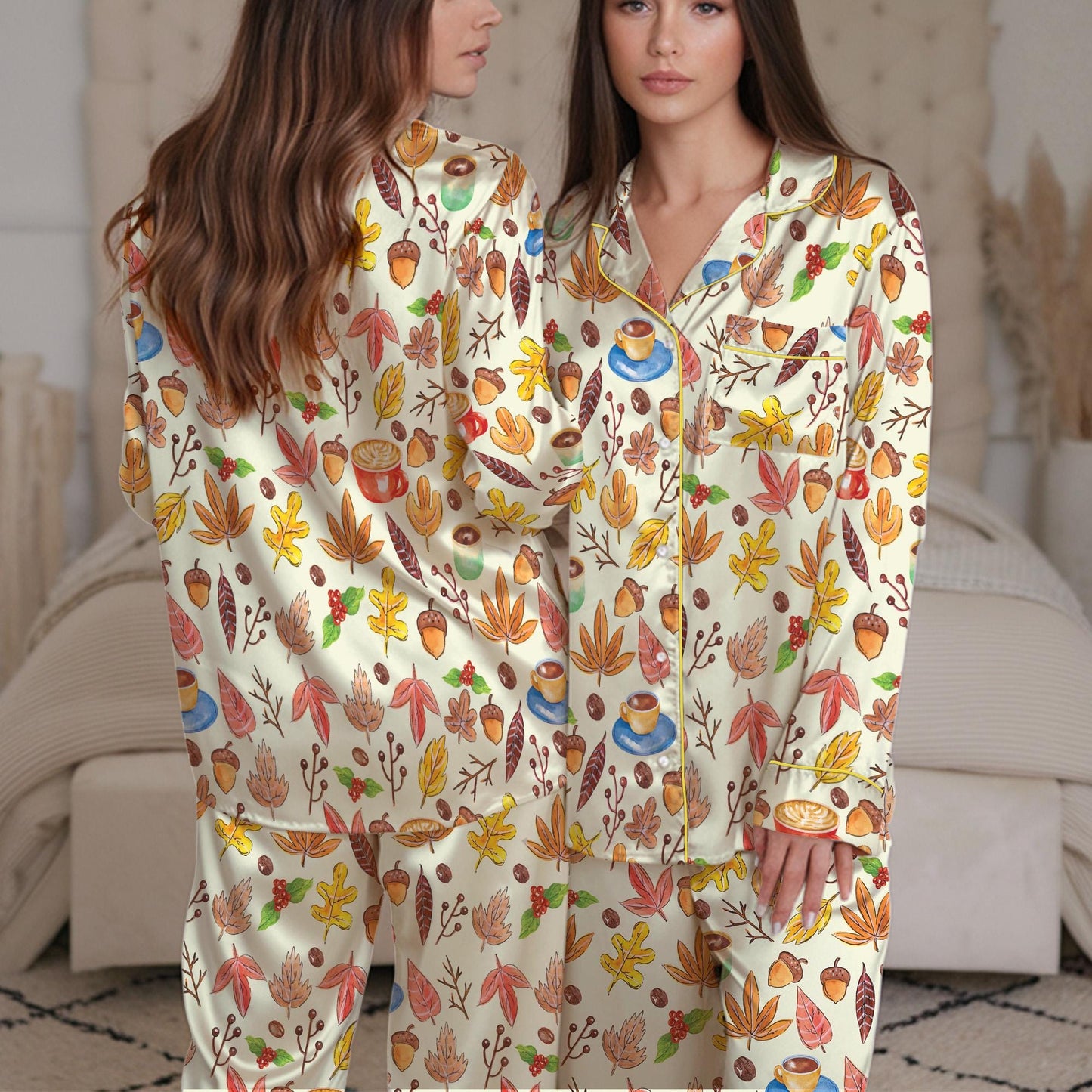 Fall Pajama Set, Cozy Autumn Leaves & Coffee Sleepwear, Thanksgiving Loungewear Set, Cozy Season Pajamas, Autumn Vibes, Cozy Autumn Coffee