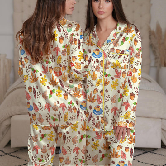 Fall Pajama Set, Cozy Autumn Leaves & Coffee Sleepwear, Thanksgiving Loungewear Set, Cozy Season Pajamas, Autumn Vibes, Cozy Autumn Coffee