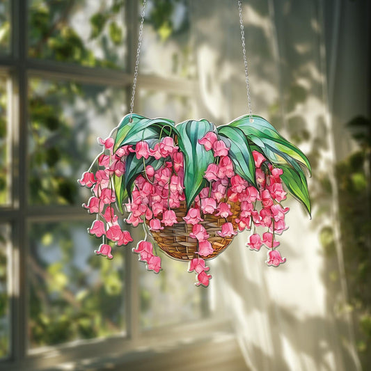 Pink Bellflower Basket Window Hanging, Floral Hanging Basket Decoration for Garden Lovers, Spring-Inspired Botanical Room or Porch Accent