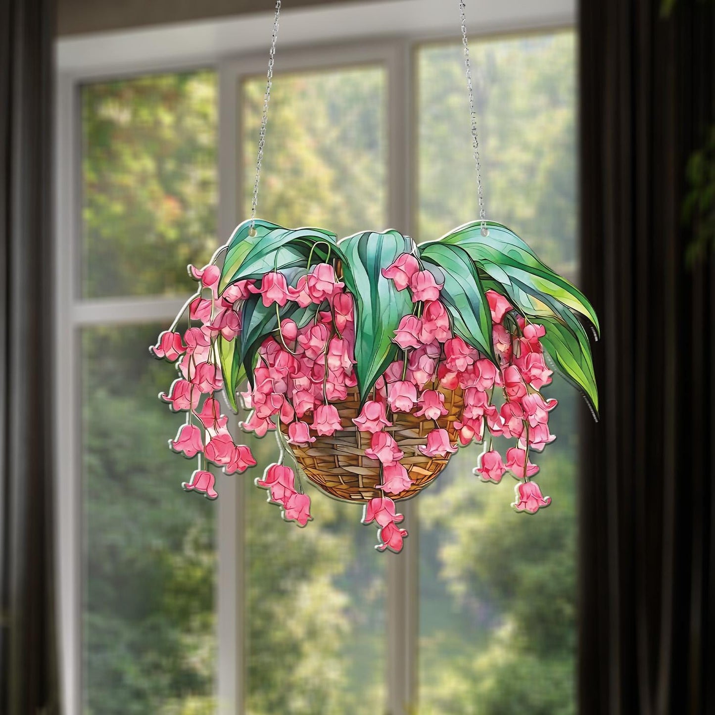 Pink Bellflower Basket Window Hanging, Floral Hanging Basket Decoration for Garden Lovers, Spring-Inspired Botanical Room or Porch Accent