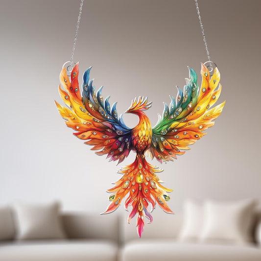 Colorful Phoenix Window Hanging Ornament, Rainbow Firebird Decor for Spiritual Energy, Rebirth Symbol Art for Boho Room, Wall Window Accent