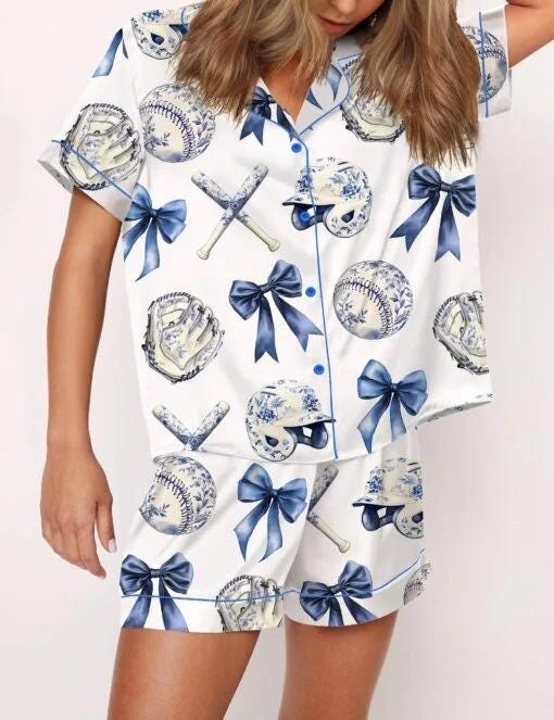 Chinoiserie Baseball Silky Satin Pajama Set For Women  Pajamas Set