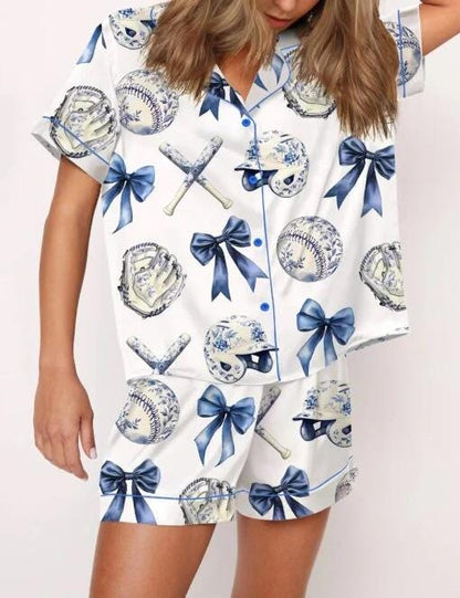 Chinoiserie Baseball Silky Satin Pajama Set For Women  Pajamas Set